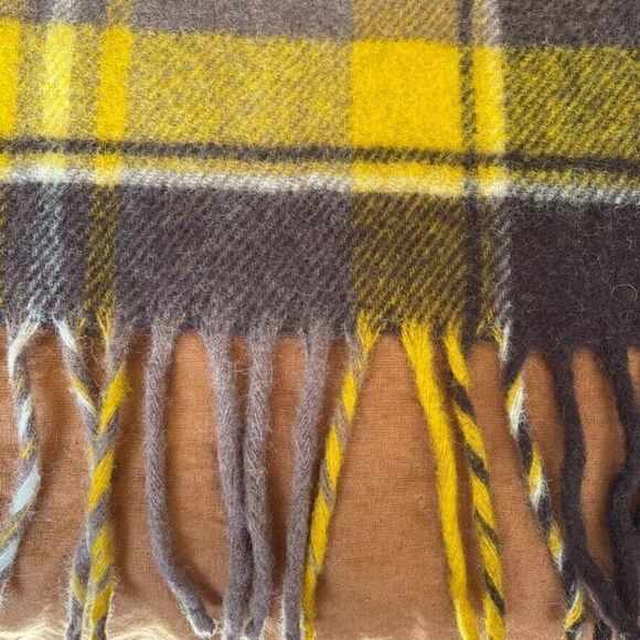 Faribo Fluff Loomed Yellow Gray Brown Wool Plaid Checkered Fringe Blanket Throw - Picture 11 of 11